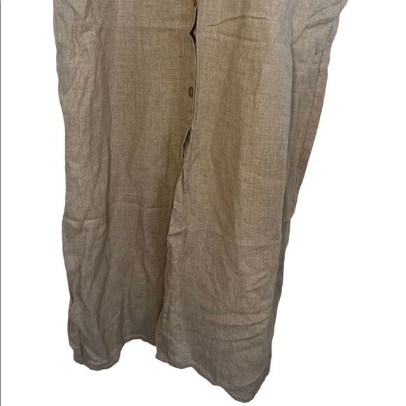 Flax 100% Linen Tan Sleeveless Button-Front Lagenlook Peasant Midi Dress - Picture 4 of 7